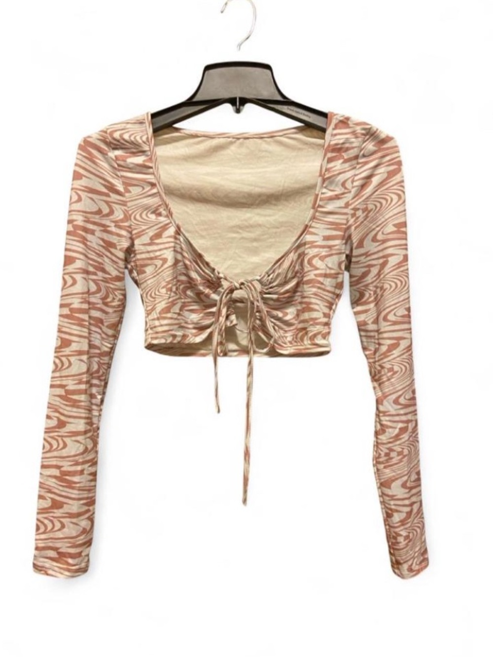 Women's Pink-Orange Marble Print Tie-Front Long Sleeve Crop Top